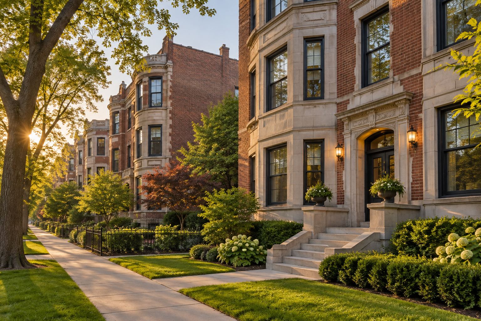 A residential street in Chicago with mature trees, illustrative