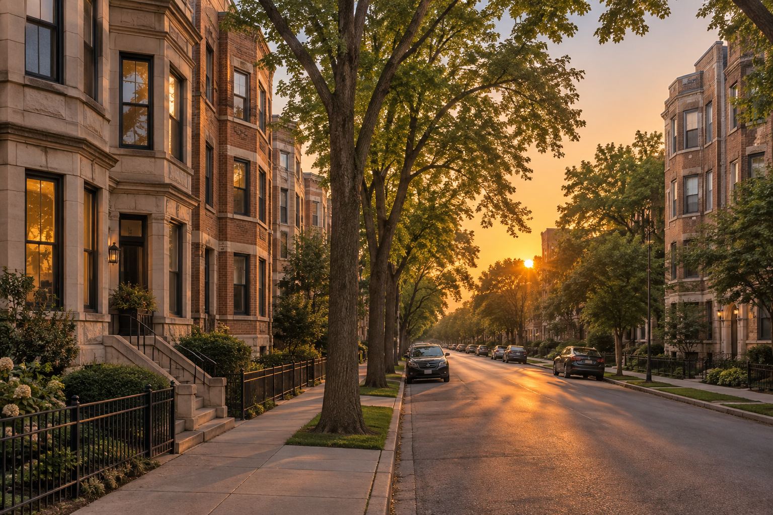 A Chicago residential street at sunset, illustrative
