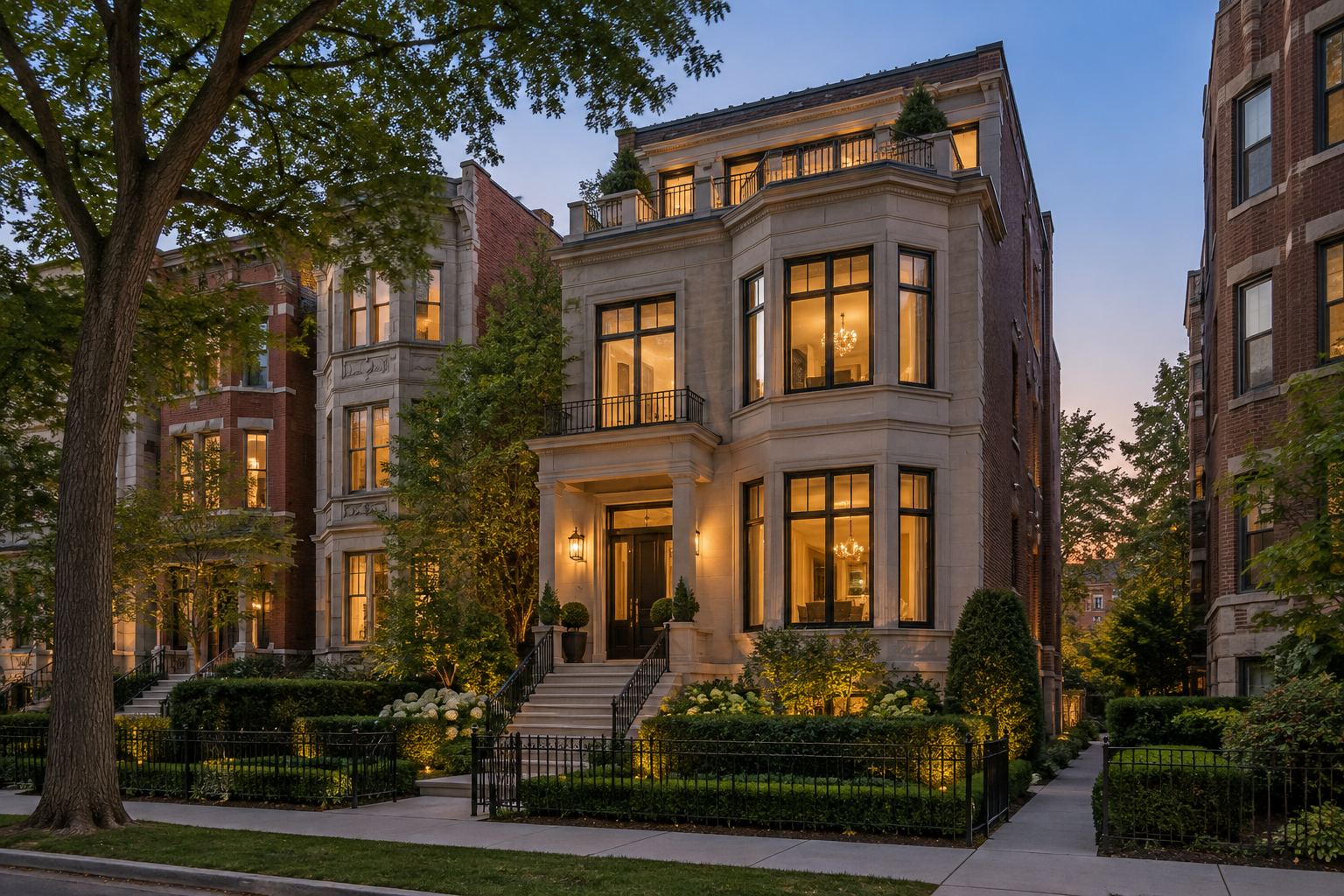 A Chicago home at dusk, illustrative