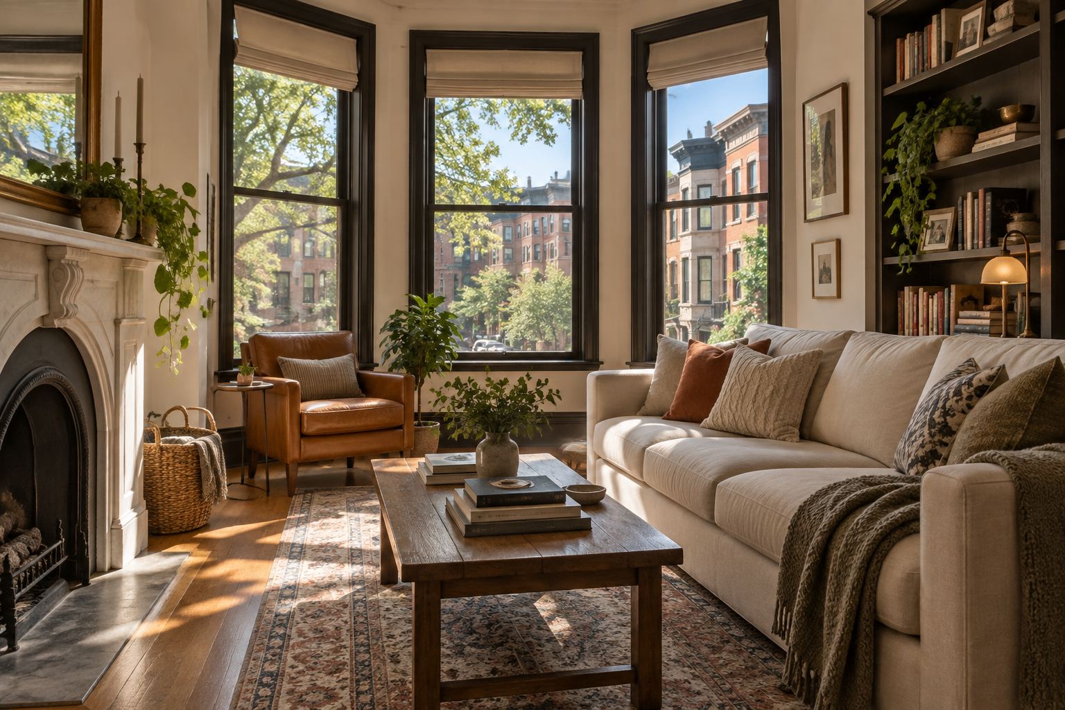 A cozy Chicago living room, illustrative
