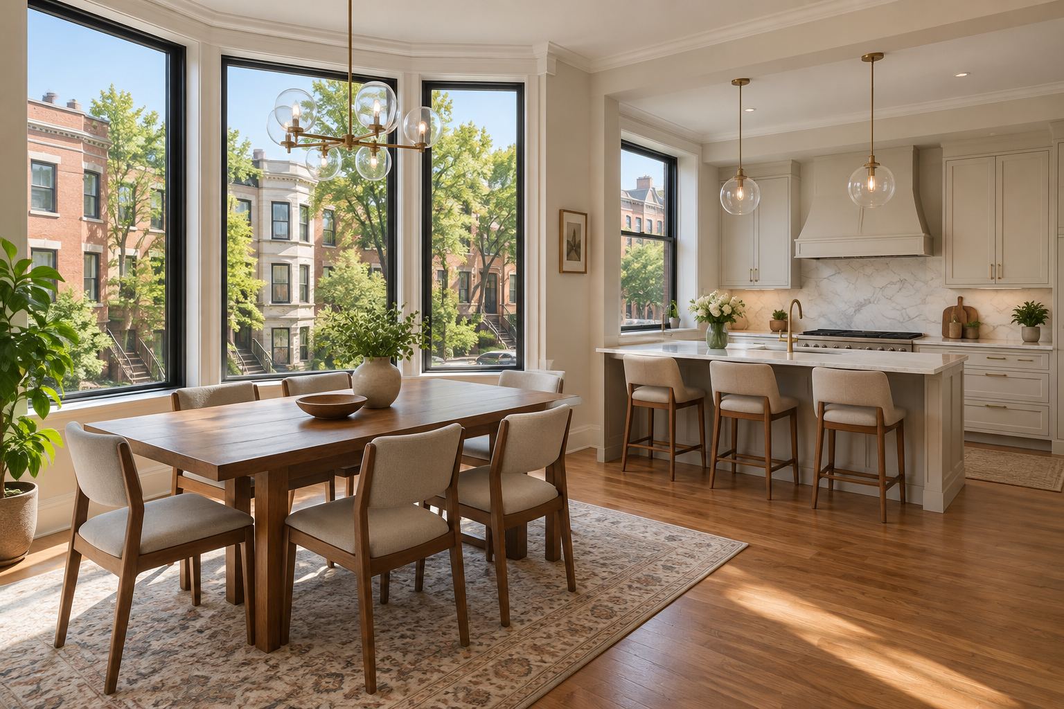 A bright dining room, illustrative